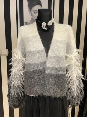 Sweterek kaszmirowy MOP biało-szary rozmiar Uniwersalny