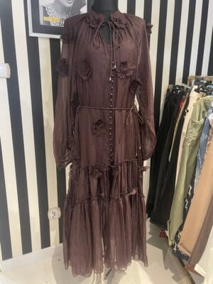 Sukienka cieniutka z kwiatami 3D brązowa